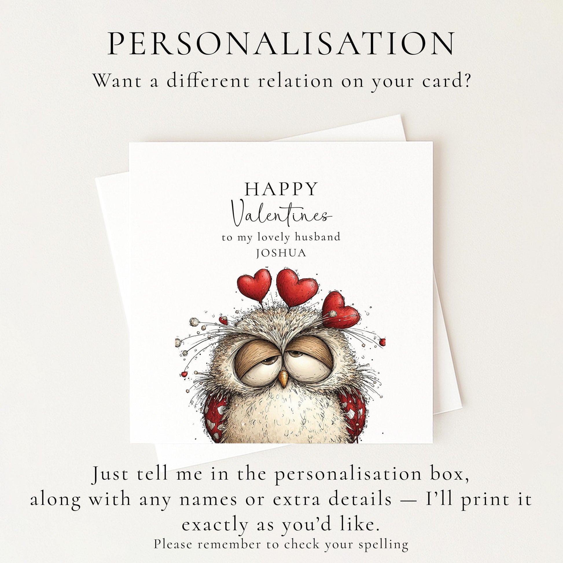 Valentine’s Card for Husband: Cute Owl with Hearts - Personalised