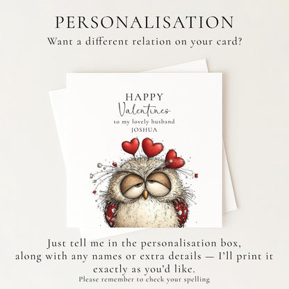 Valentine’s Card for Husband: Cute Owl with Hearts - Personalised