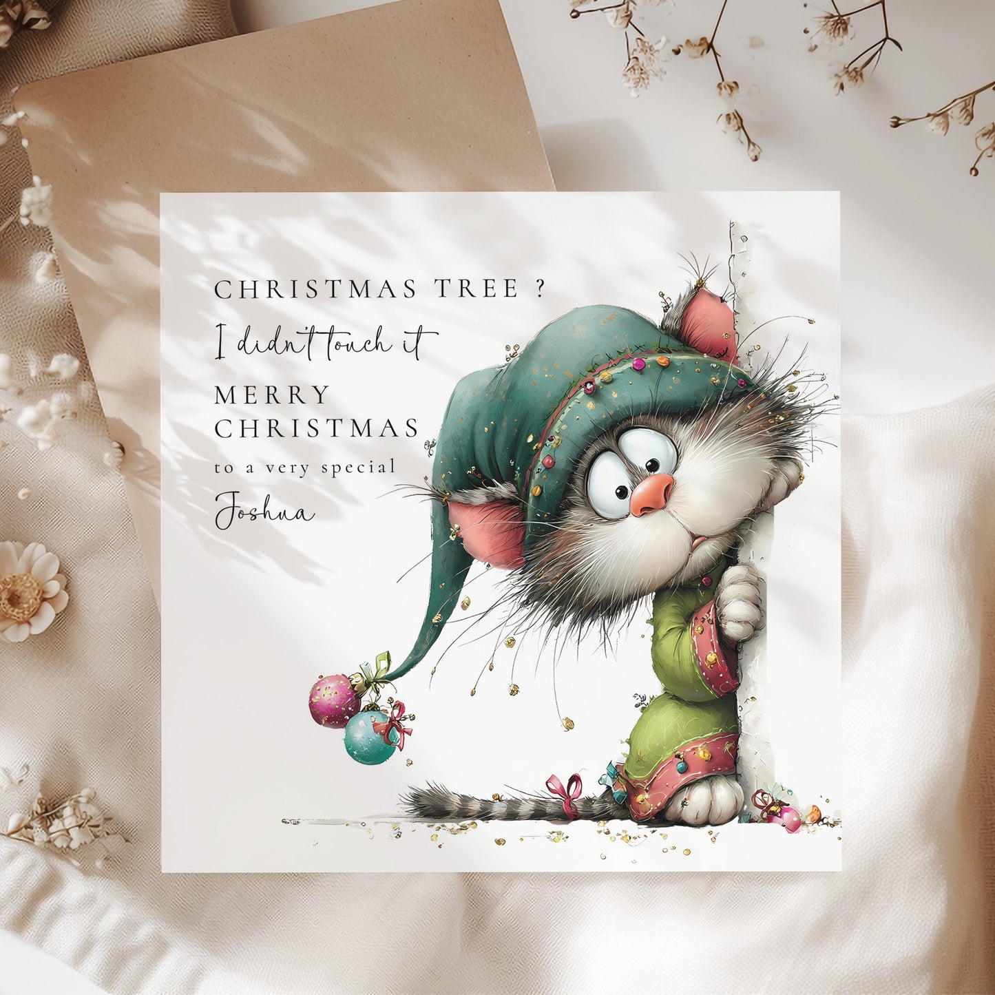 Personalised Funny Cat Christmas Card, Cute Mischief Cat Xmas Card, Custom Name Holiday Card, Cat Lover Christmas Card