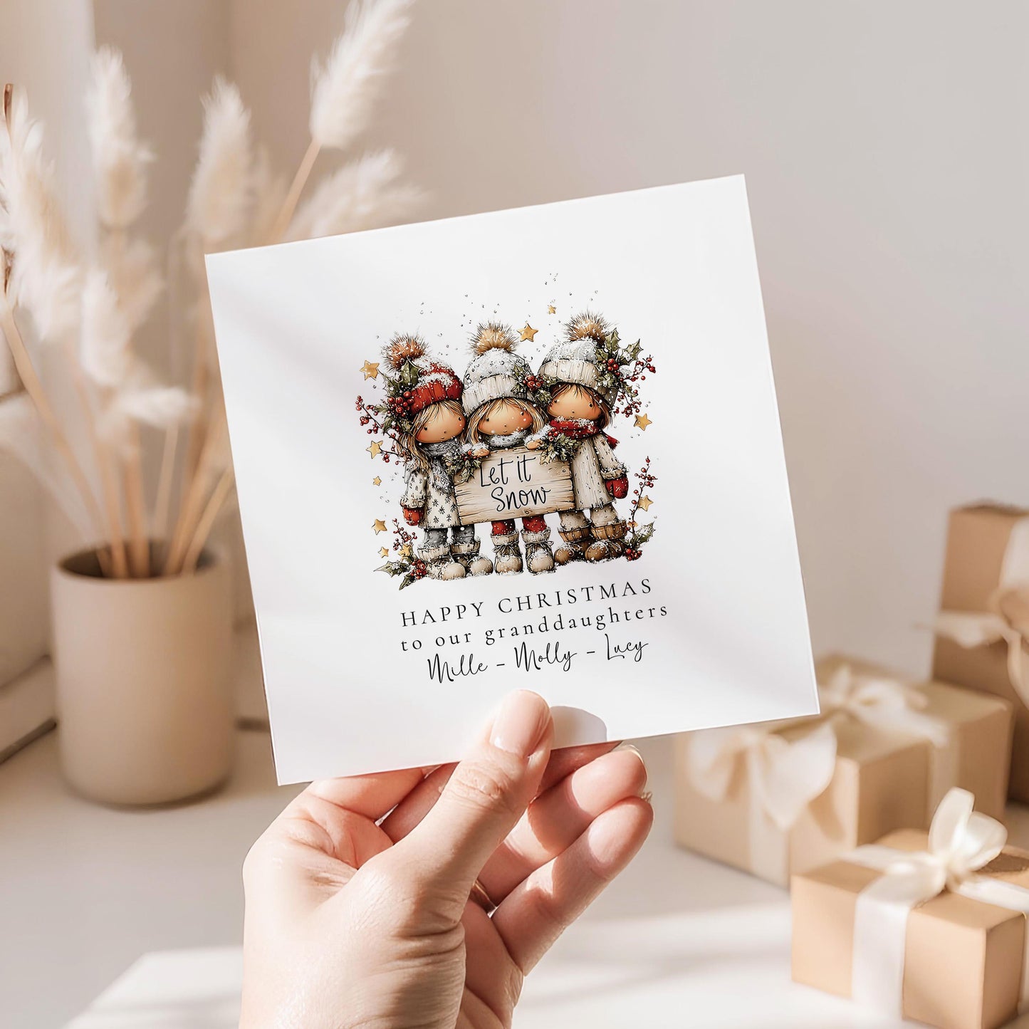 Let It Snow Christmas Card for Granddaughters, Cute Winter Girls Design, Personalised Granddaughter Xmas Card, Happy Christmas Card