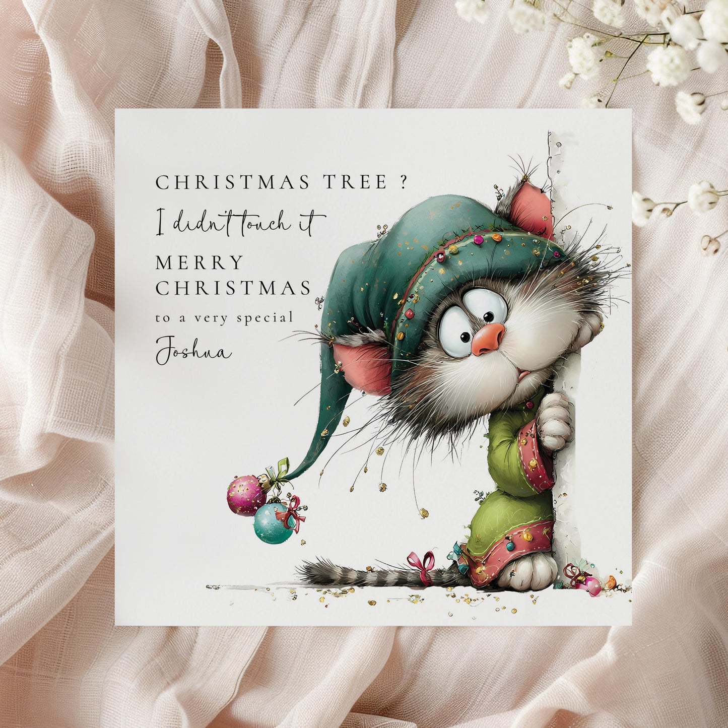 Personalised Funny Cat Christmas Card, Cute Mischief Cat Xmas Card, Custom Name Holiday Card, Cat Lover Christmas Card