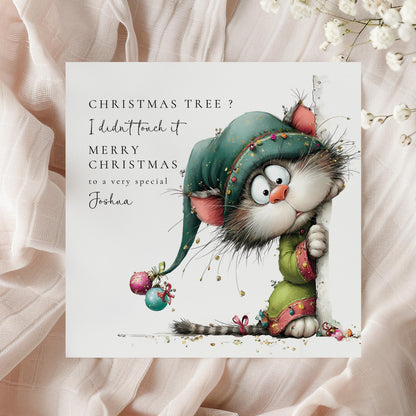 Personalised Funny Cat Christmas Card, Cute Mischief Cat Xmas Card, Custom Name Holiday Card, Cat Lover Christmas Card