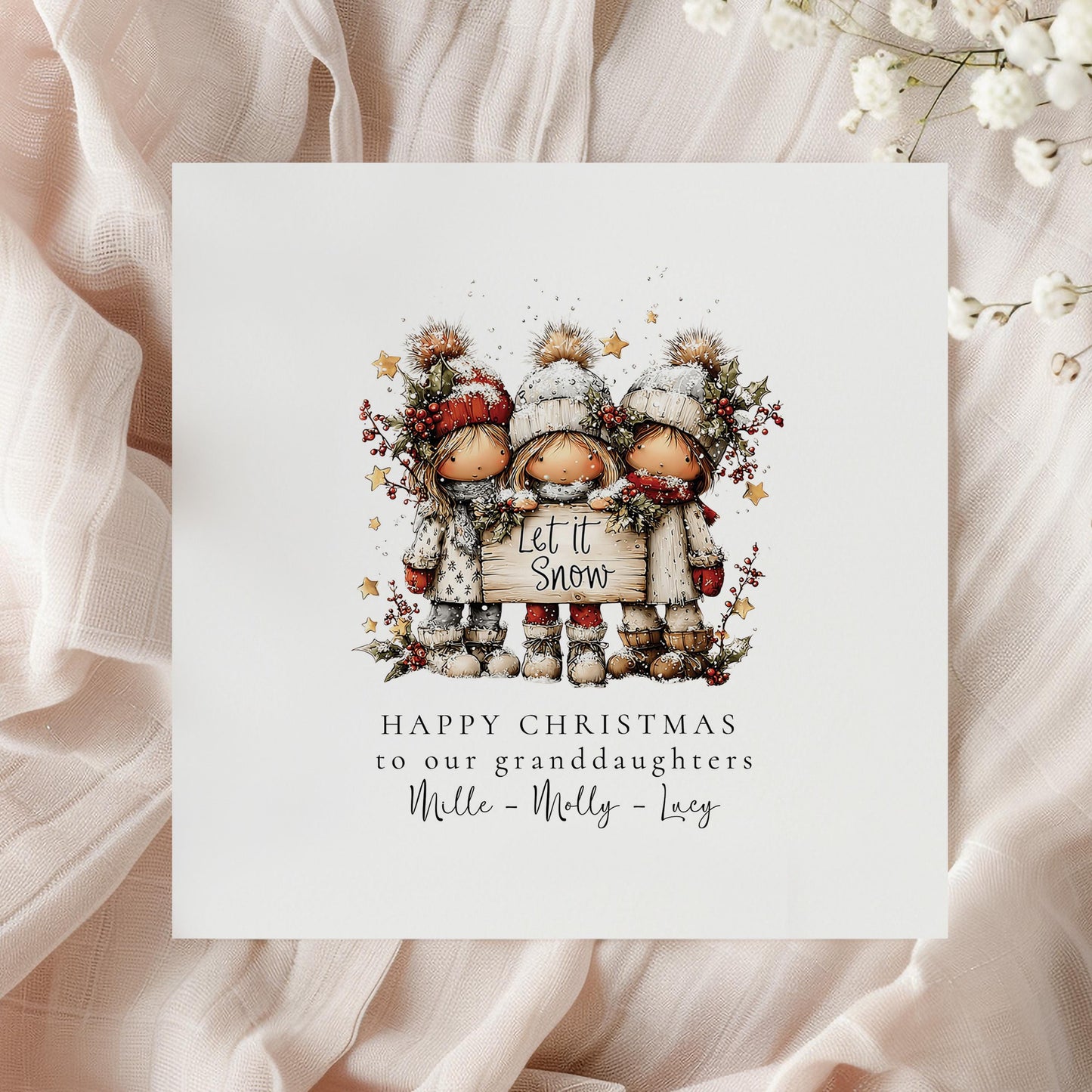 Let It Snow Christmas Card for Granddaughters, Cute Winter Girls Design, Personalised Granddaughter Xmas Card, Happy Christmas Card