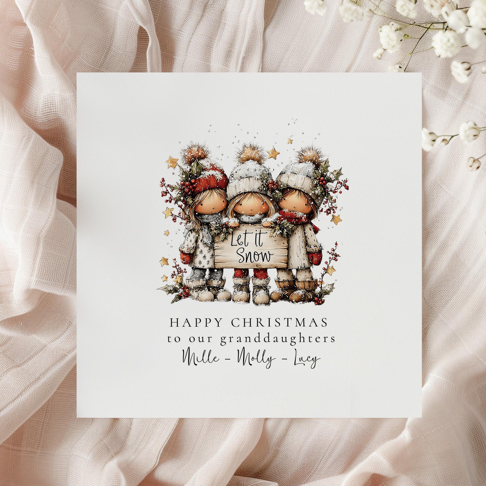 Let It Snow Christmas Card for Granddaughters, Cute Winter Girls Design, Personalised Granddaughter Xmas Card, Happy Christmas Card