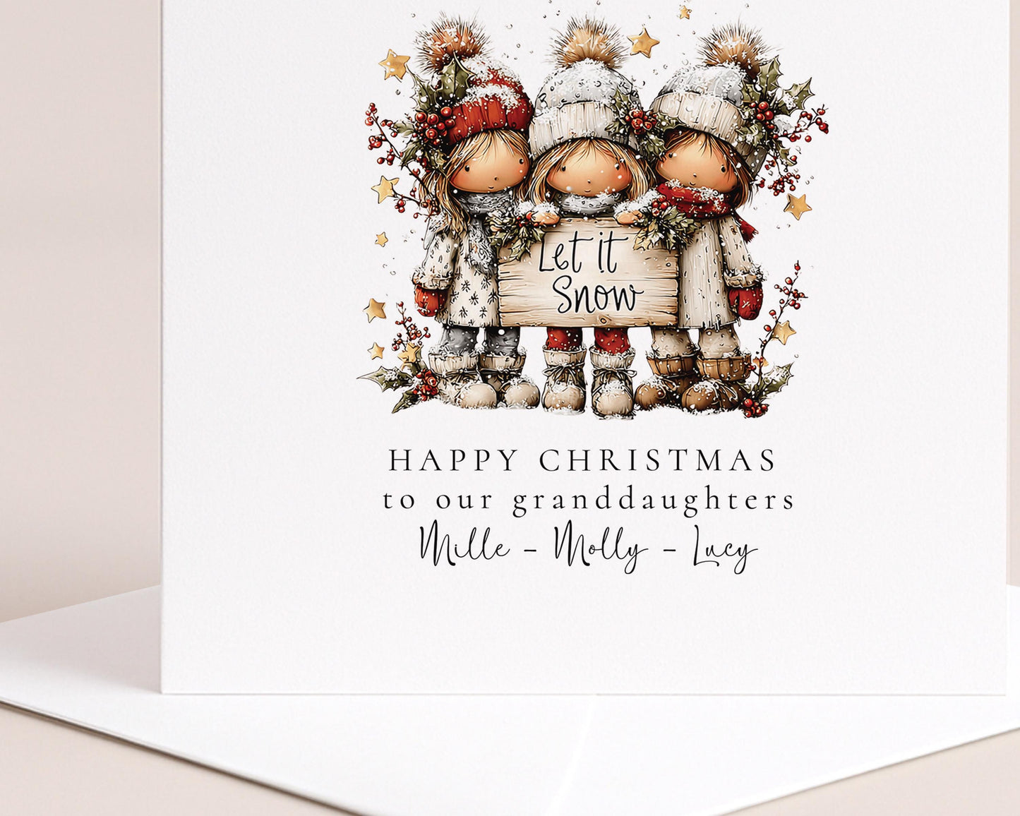 Let It Snow Christmas Card for Granddaughters, Cute Winter Girls Design, Personalised Granddaughter Xmas Card, Happy Christmas Card