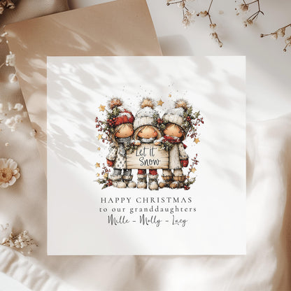 Let It Snow Christmas Card for Granddaughters, Cute Winter Girls Design, Personalised Granddaughter Xmas Card, Happy Christmas Card