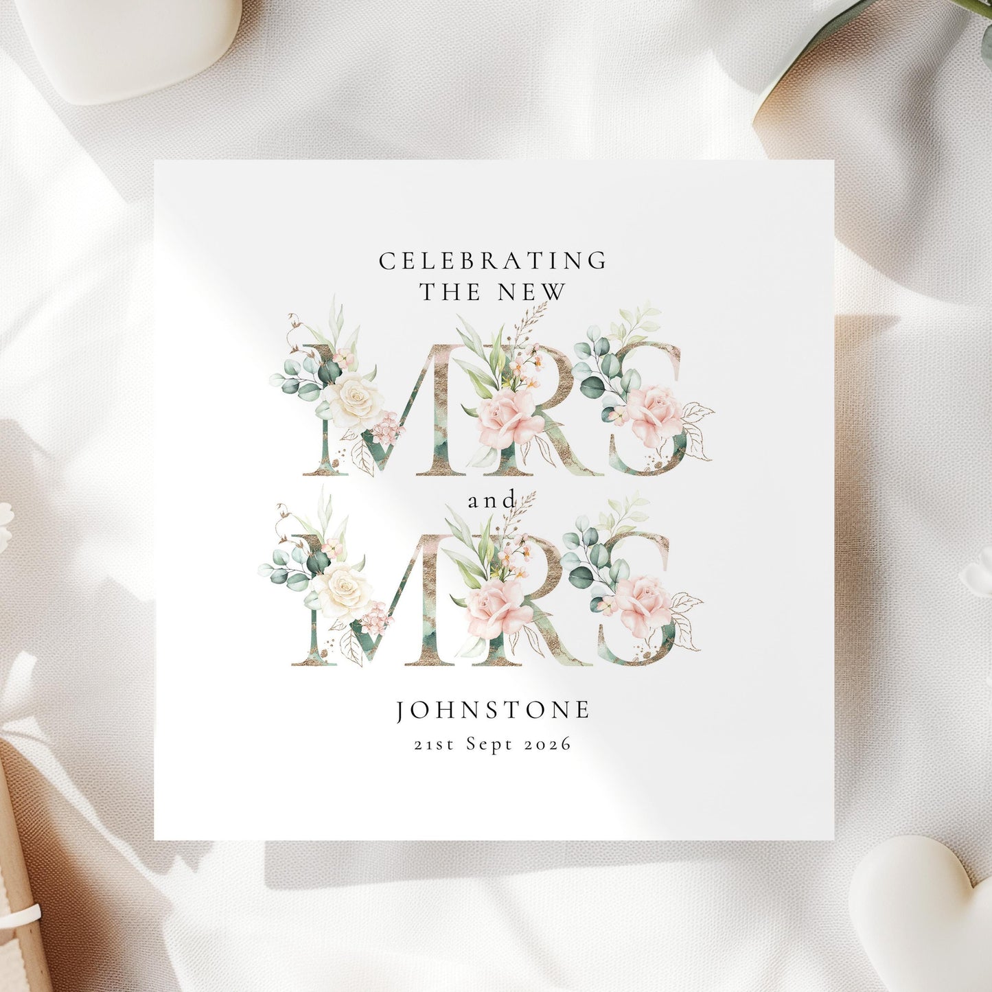 Personalised New Mrs and Mrs Wedding Card, Floral Lesbian Wedding Card, Custom Name Same Sex Marriage Card, LGBT Wedding Congratulations
