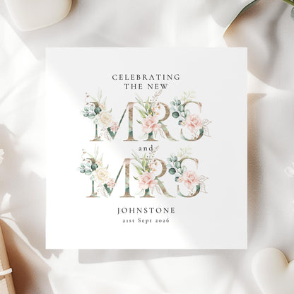 Personalised New Mrs and Mrs Wedding Card, Floral Lesbian Wedding Card, Custom Name Same Sex Marriage Card, LGBT Wedding Congratulations