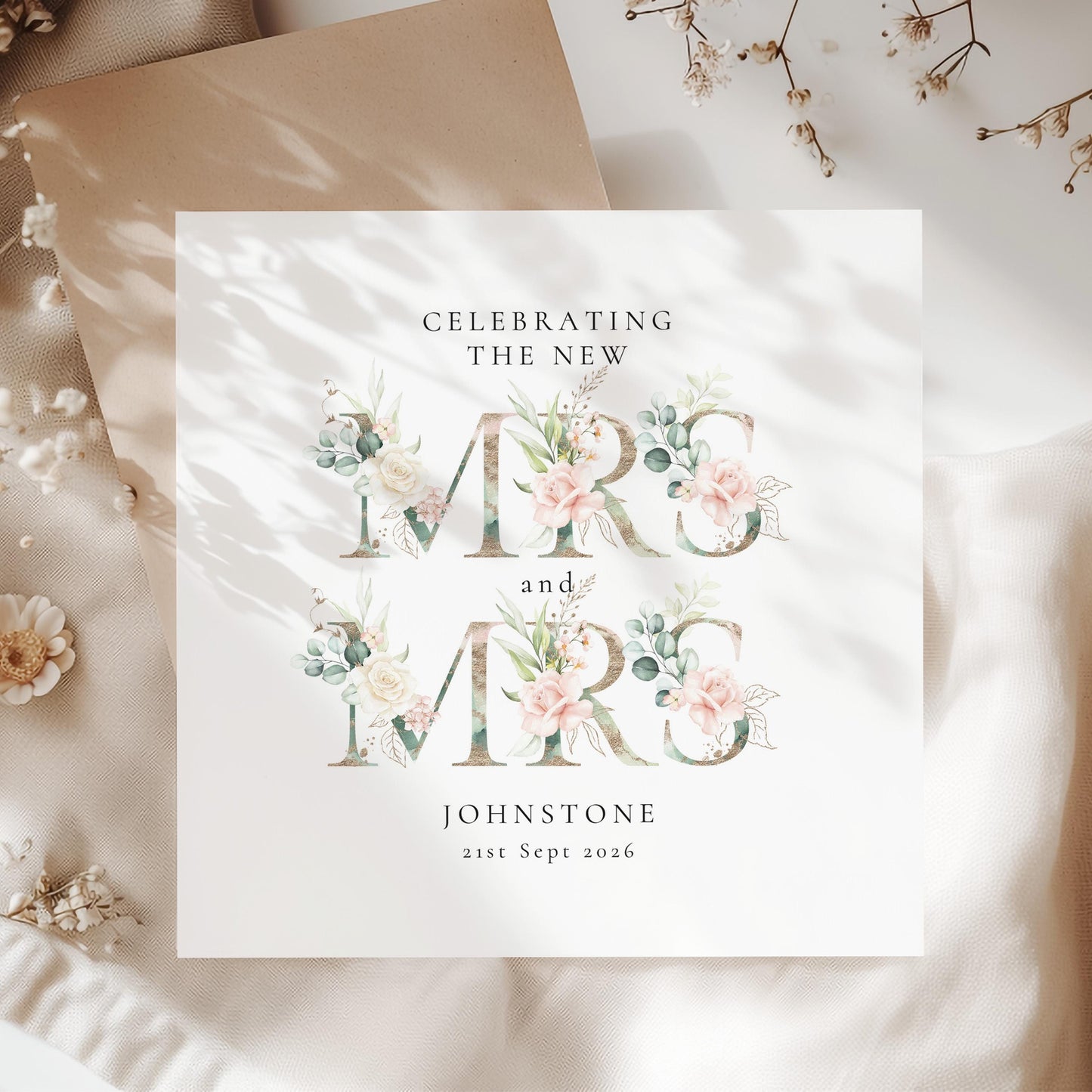 Personalised New Mrs and Mrs Wedding Card, Floral Lesbian Wedding Card, Custom Name Same Sex Marriage Card, LGBT Wedding Congratulations