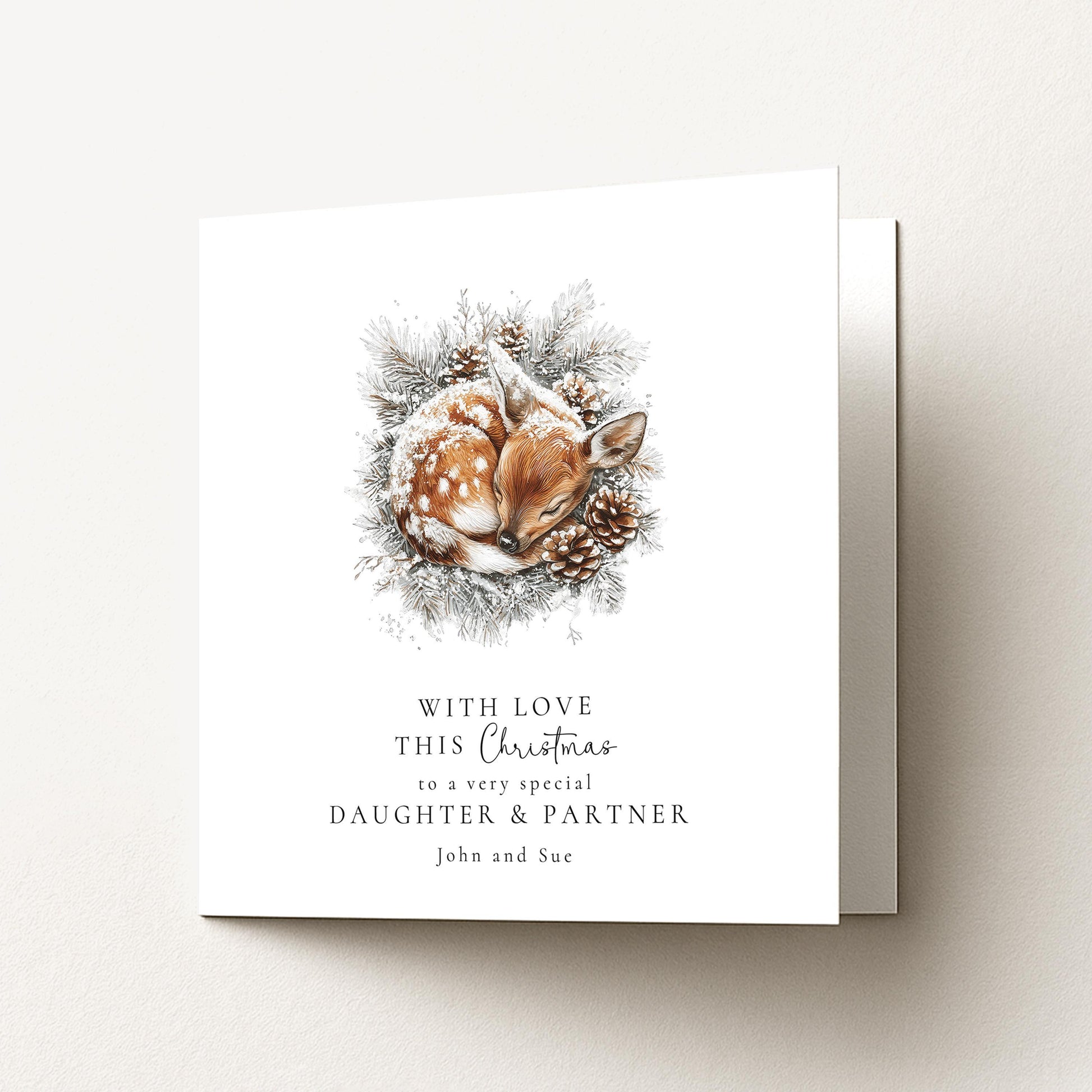 Daughter & Partner Christmas Card, Personalised Deer Card, Cute Winter Couple Xmas Card