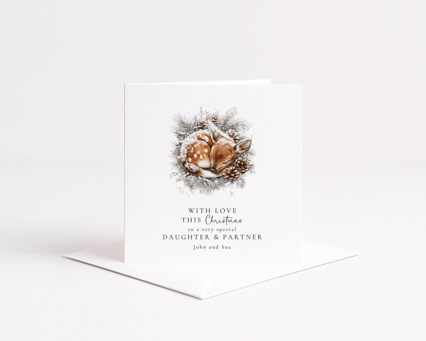 Daughter & Partner Christmas Card, Personalised Deer Card, Cute Winter Couple Xmas Card