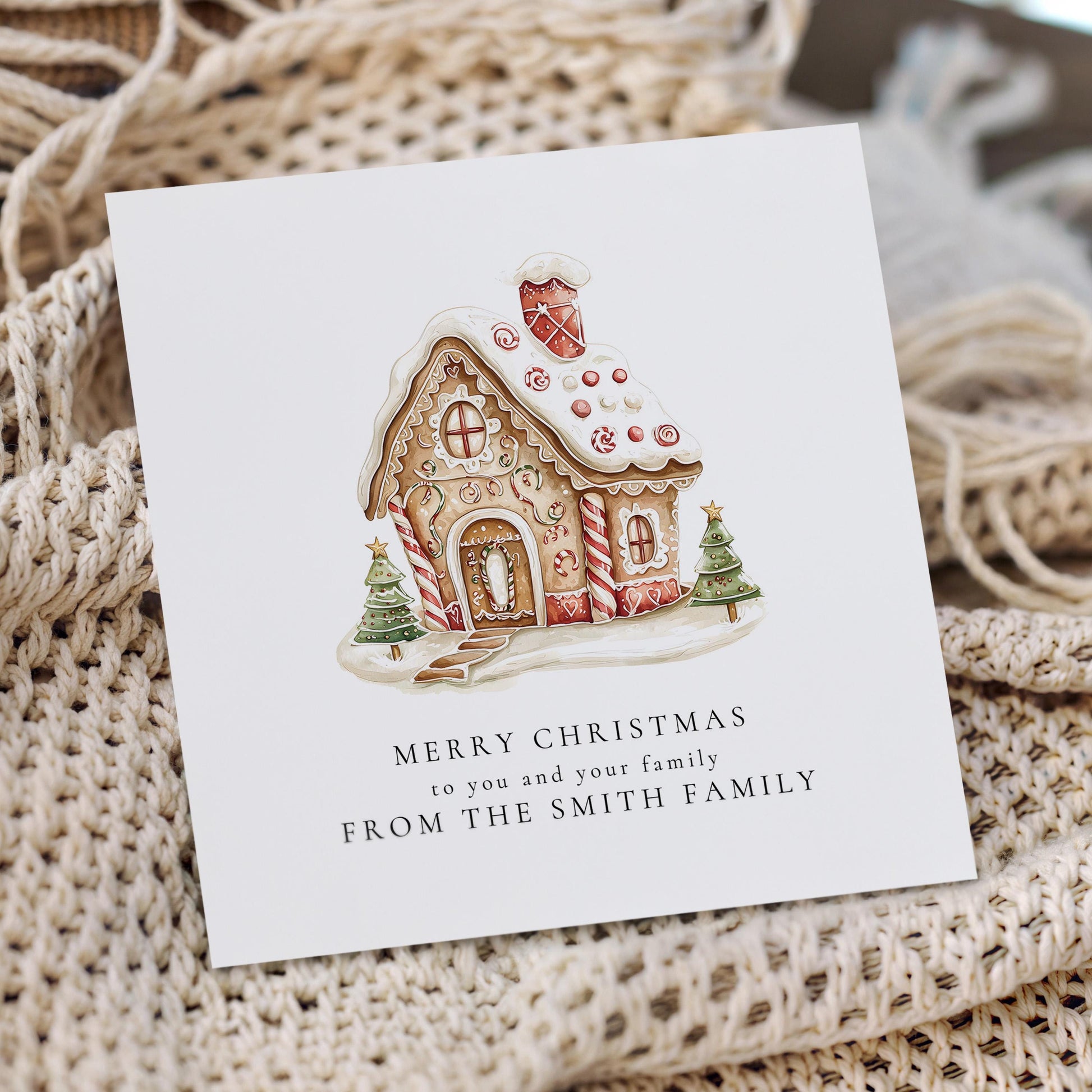 From Our Family to Yours Christmas Card, Gingerbread House Card, Personalised Family Christmas Card, Holiday Card for Friends & Neighbours