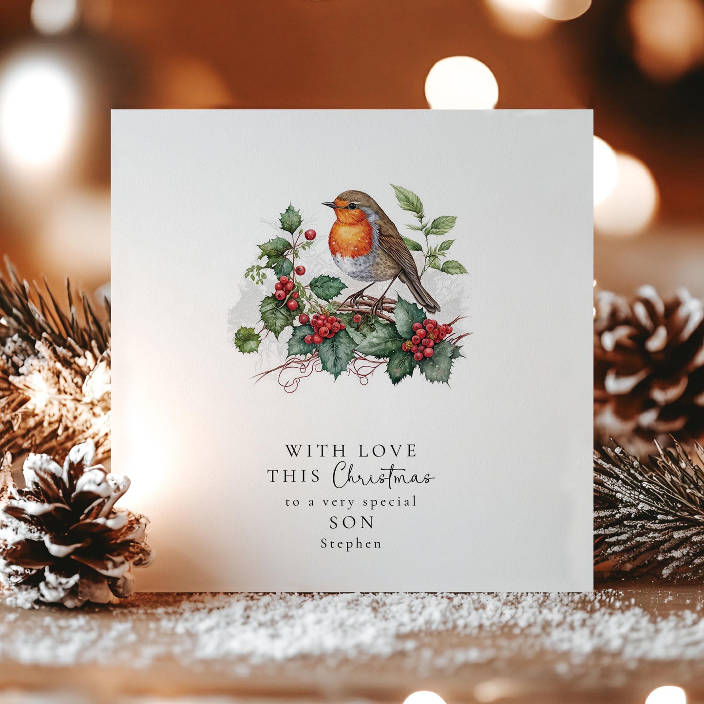 Son Christmas Card: Winter Robin Design (Custom Name Option)