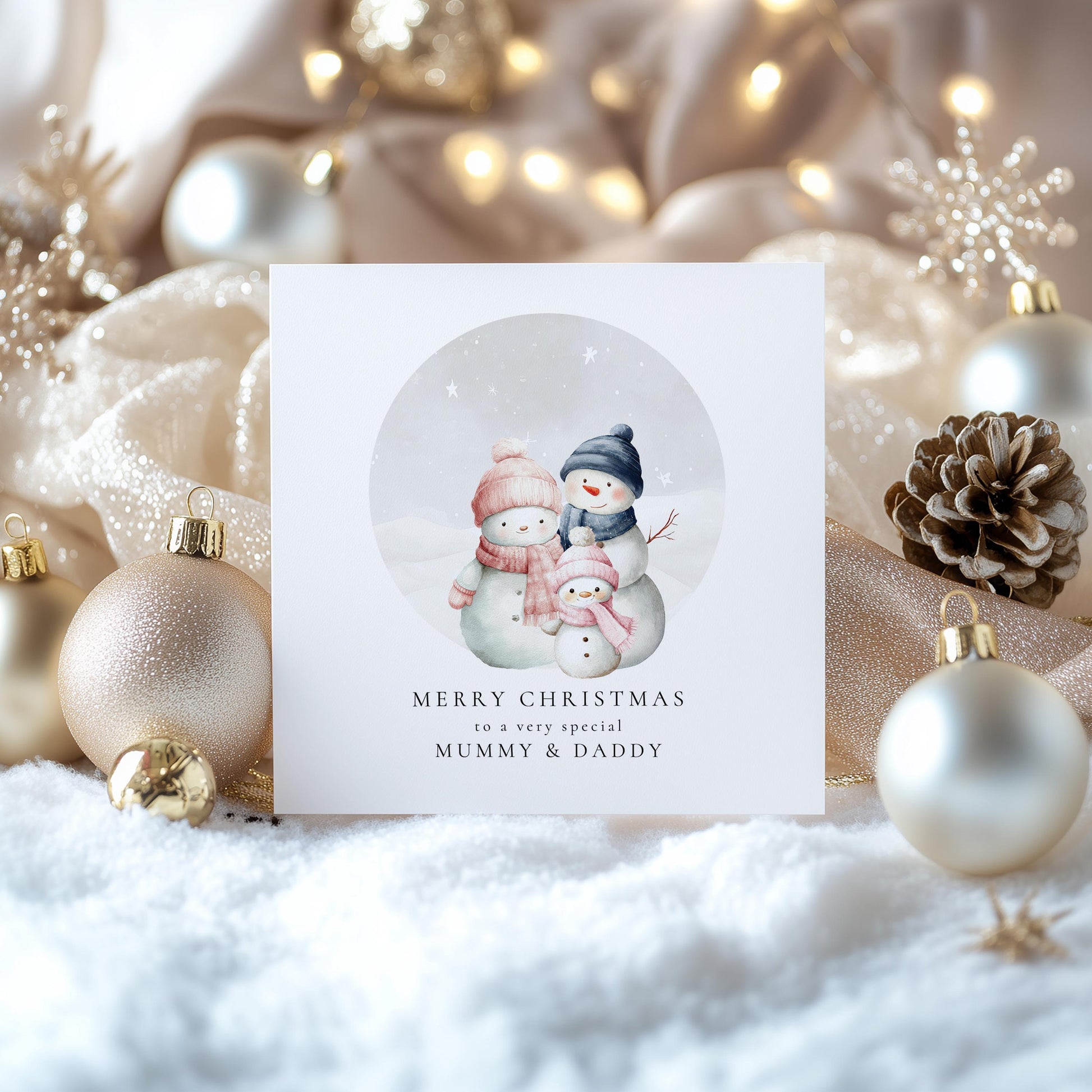 Christmas Card for Mummy and Daddy from Daughter, Personalised Snowman Family Card, Custom Name Parents Christmas Card