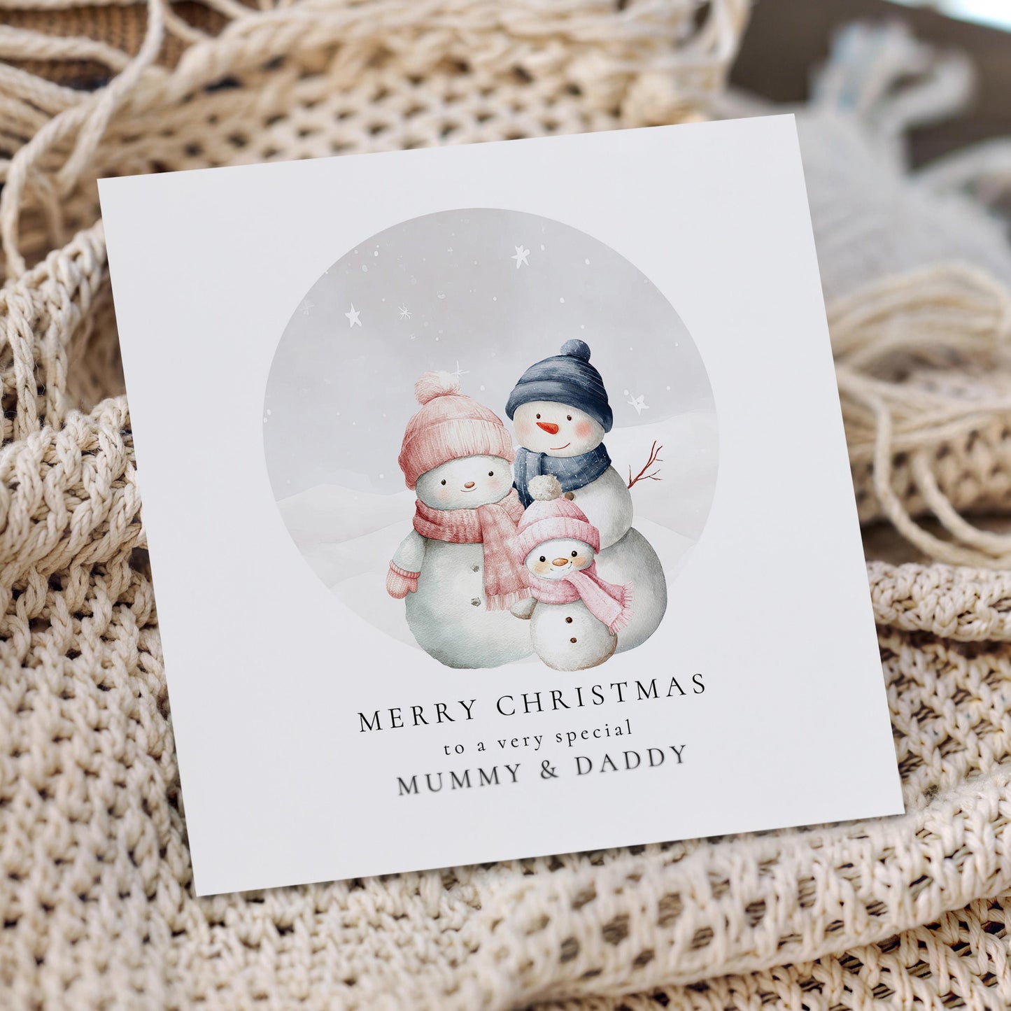 Christmas Card for Mummy and Daddy from Daughter, Personalised Snowman Family Card, Custom Name Parents Christmas Card
