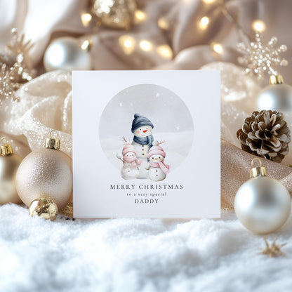 Daddy Christmas Card, Personalised Snowman Family with 2 Daughters, Custom Name Card for Dad, Christmas Card from Two Girls, Cute Xmas Card