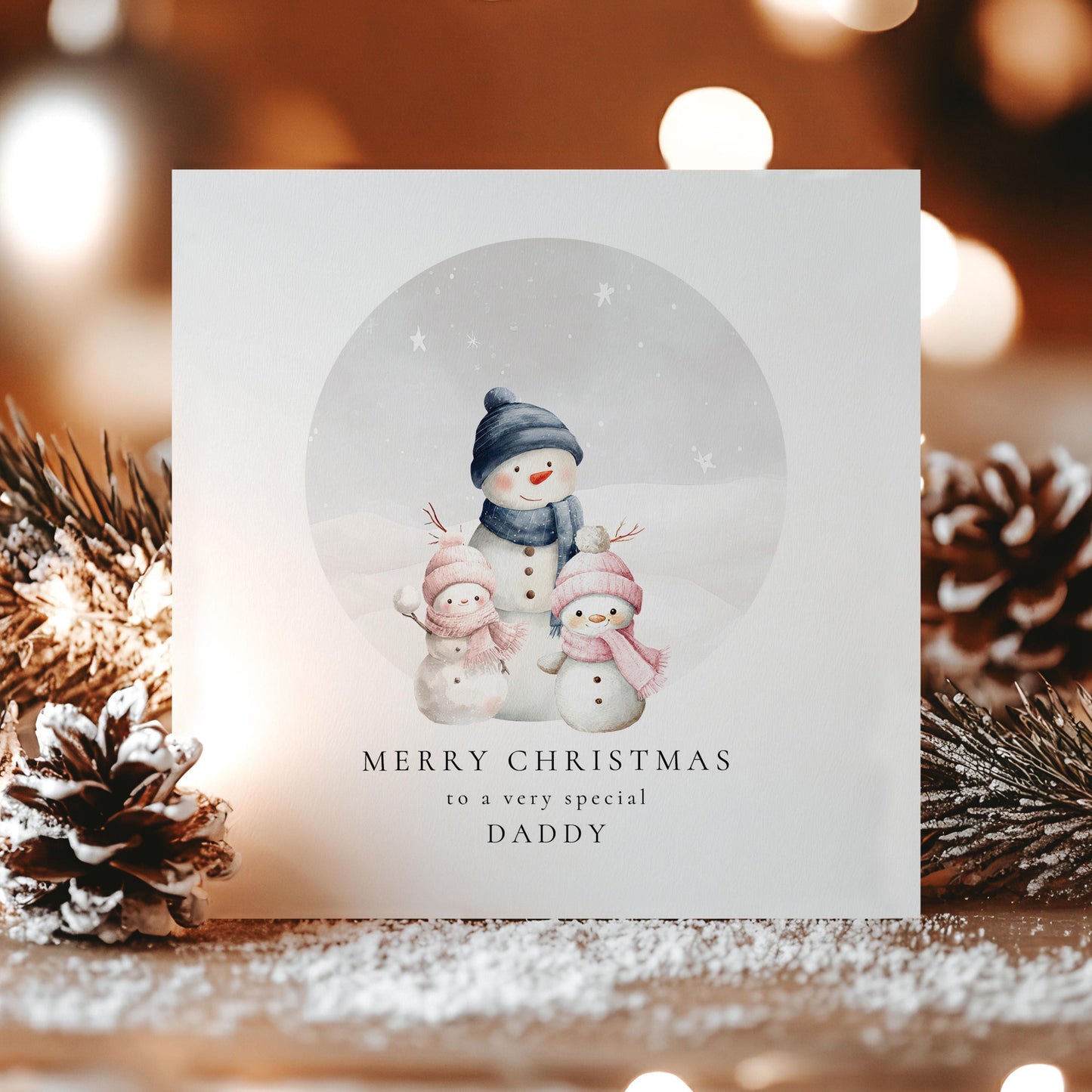 Daddy Christmas Card, Personalised Snowman Family with 2 Daughters, Custom Name Card for Dad, Christmas Card from Two Girls, Cute Xmas Card