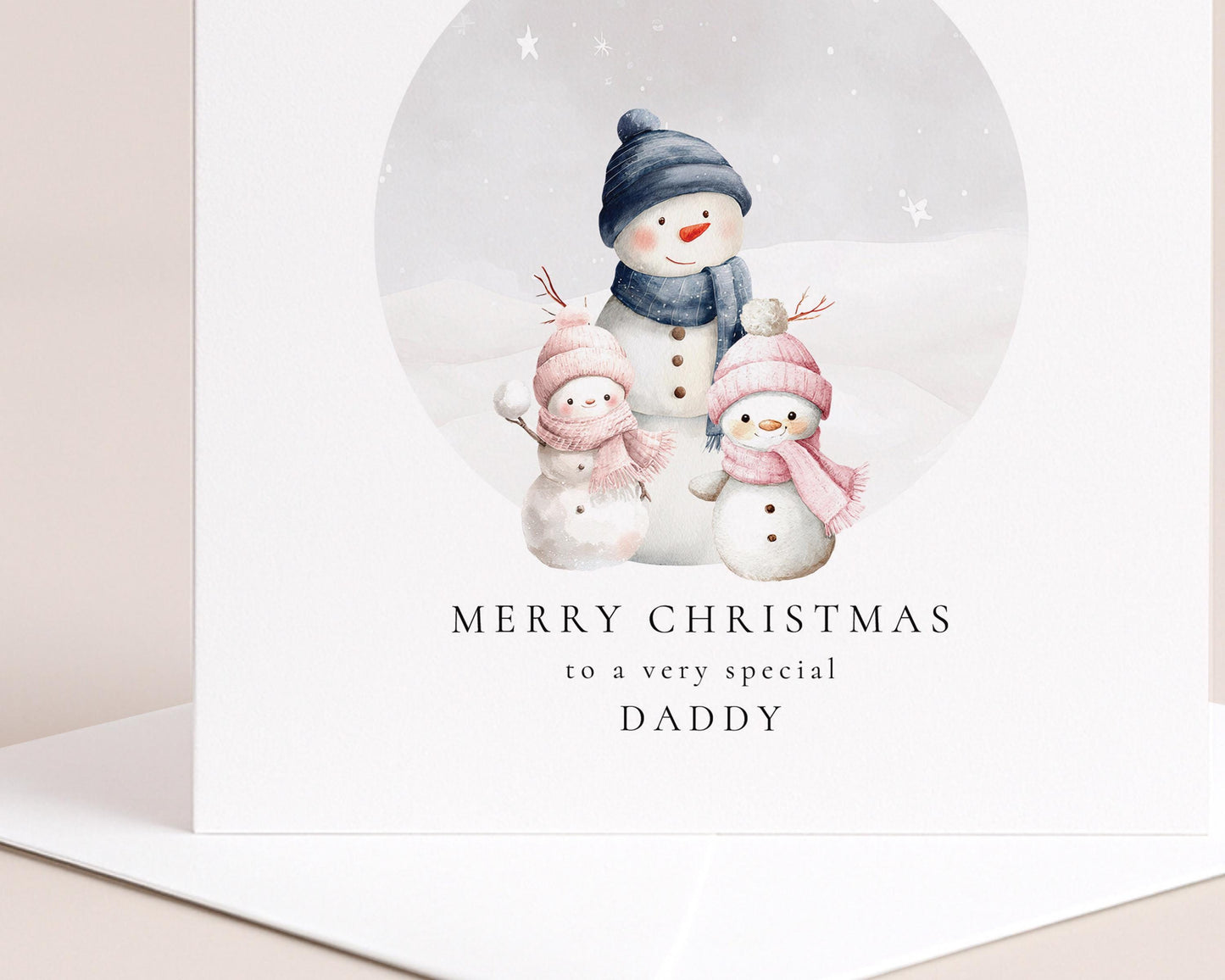 Daddy Christmas Card, Personalised Snowman Family with 2 Daughters, Custom Name Card for Dad, Christmas Card from Two Girls, Cute Xmas Card