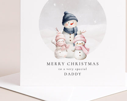 Daddy Christmas Card, Personalised Snowman Family with 2 Daughters, Custom Name Card for Dad, Christmas Card from Two Girls, Cute Xmas Card