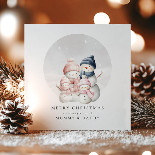 Christmas Card for Mummy and Daddy from Two Daughters, Personalised Snowman Family Card, Custom Parents Christmas Card from Girls