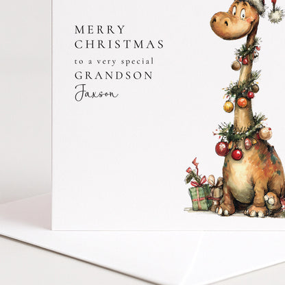 Grandson Christmas Card, Personalised Dinosaur Christmas Card, Cute Dino Xmas Card for Grandson, Custom Name Card, Printed Christmas Card