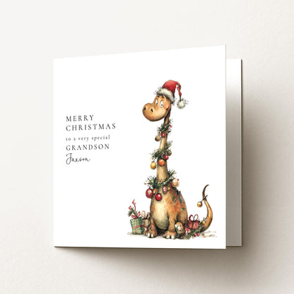 Grandson Christmas Card, Personalised Dinosaur Christmas Card, Cute Dino Xmas Card for Grandson, Custom Name Card, Printed Christmas Card