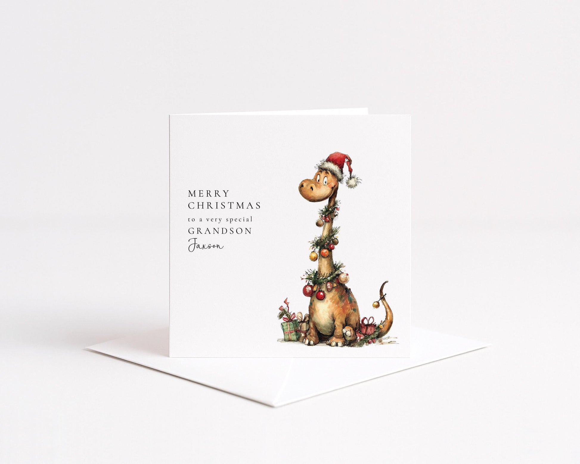 Grandson Christmas Card, Personalised Dinosaur Christmas Card, Cute Dino Xmas Card for Grandson, Custom Name Card, Printed Christmas Card