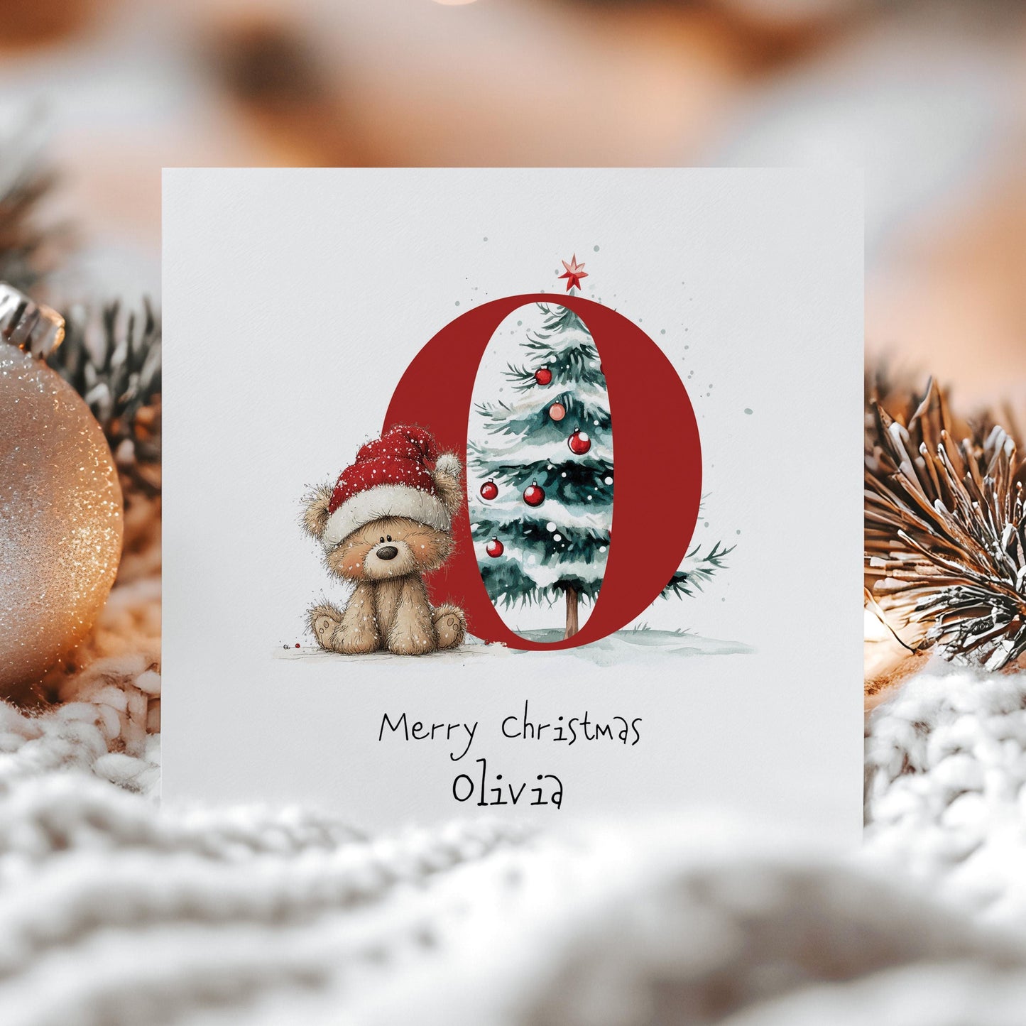 Personalised Initial Xmas Card, Letter O Christmas Card, Cute Bear Christmas Card for Kids, Grandchild