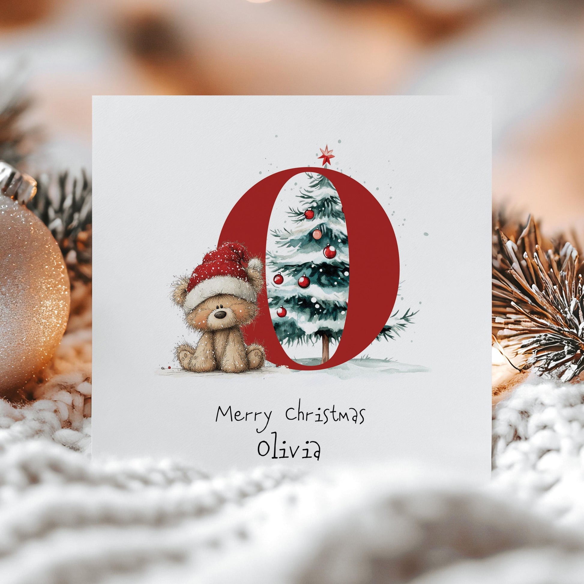 Personalised Initial Xmas Card, Letter O Christmas Card, Cute Bear Christmas Card for Kids, Grandchild