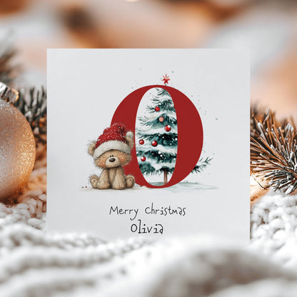 Personalised Initial Xmas Card, Letter O Christmas Card, Cute Bear Christmas Card for Kids, Grandchild