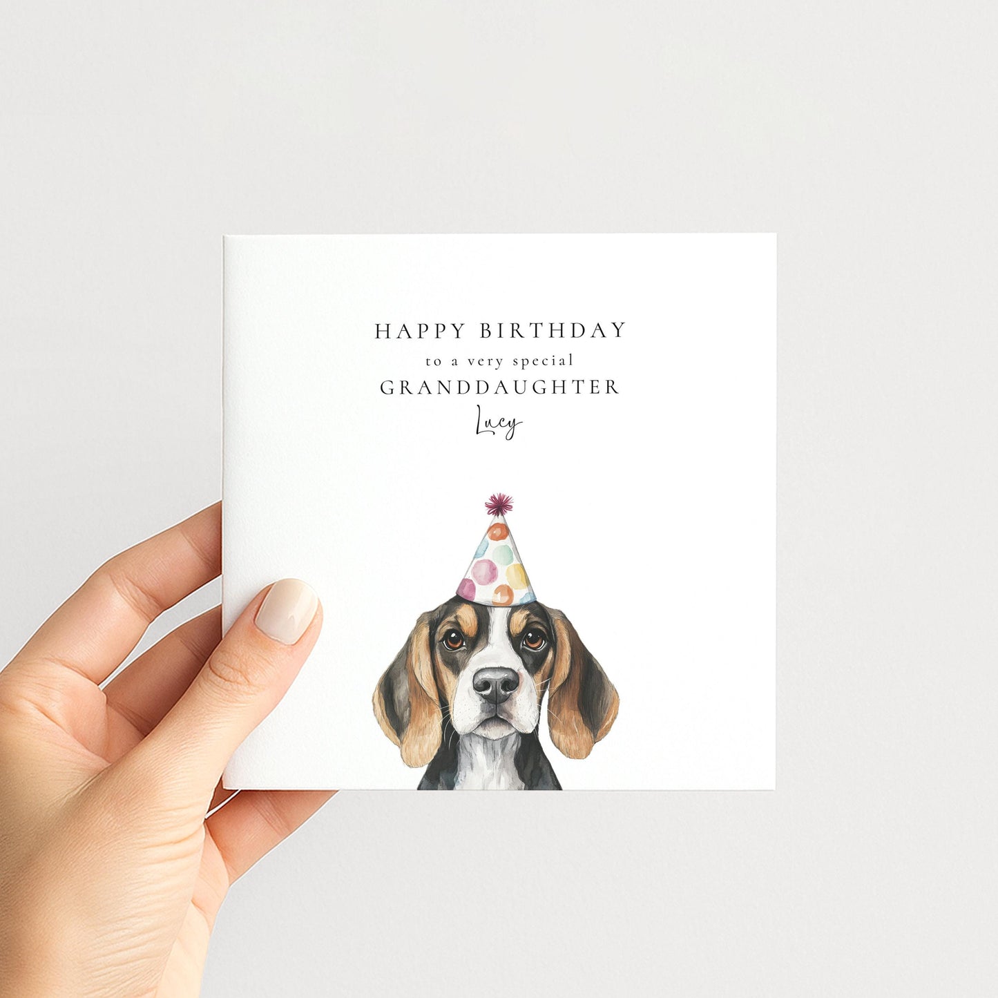 Granddaughter Birthday Card, Cute Dog Birthday Card, Personalised Birthday Card for Granddaughter, Printed Card with Party Hat Pup