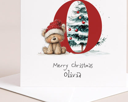Personalised Initial Xmas Card, Letter O Christmas Card, Cute Bear Christmas Card for Kids, Grandchild