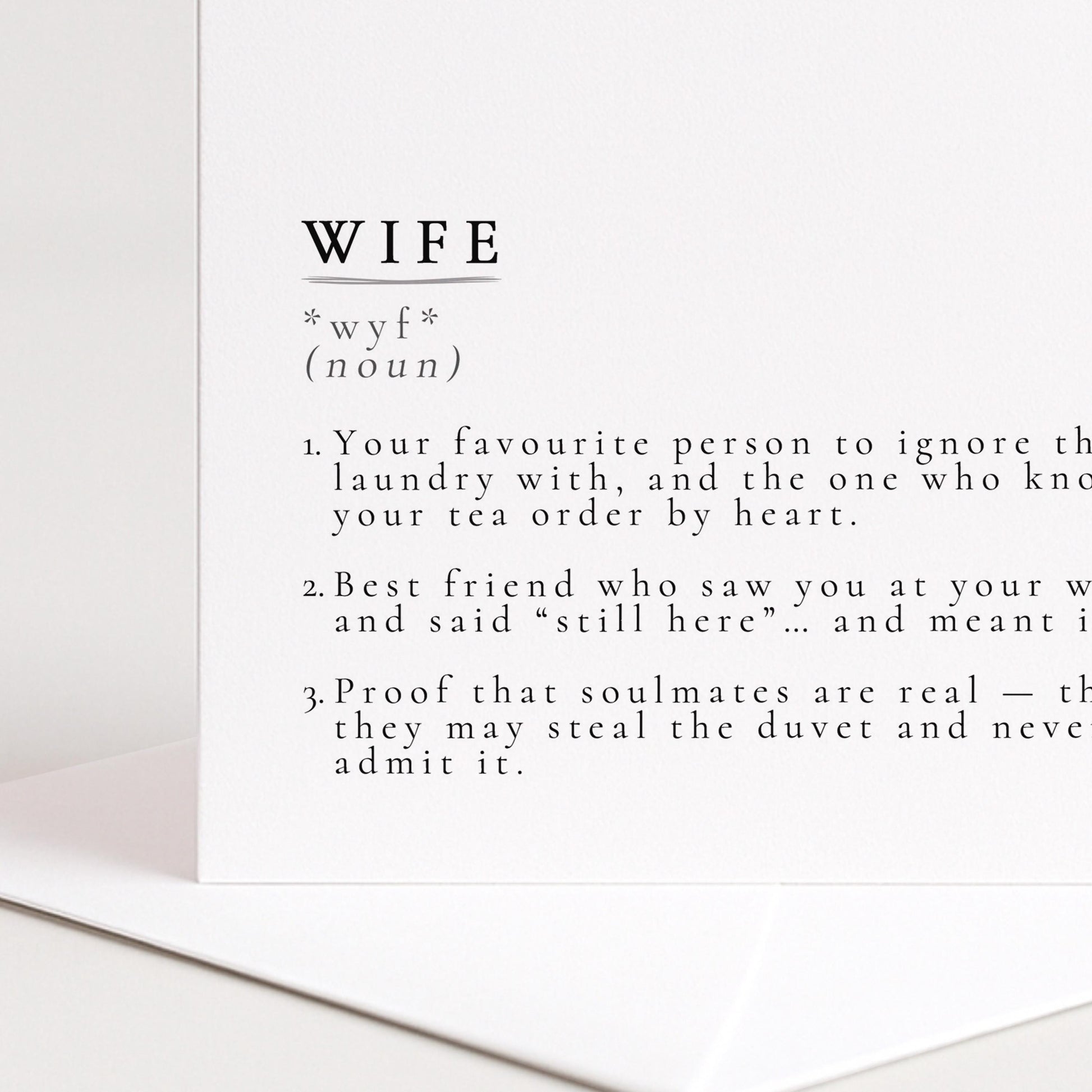 Wife Definition Card, Dictionary Meaning Wife Birthday Card, Sentimental Minimalist Card for Wife, Anniversary Card Idea