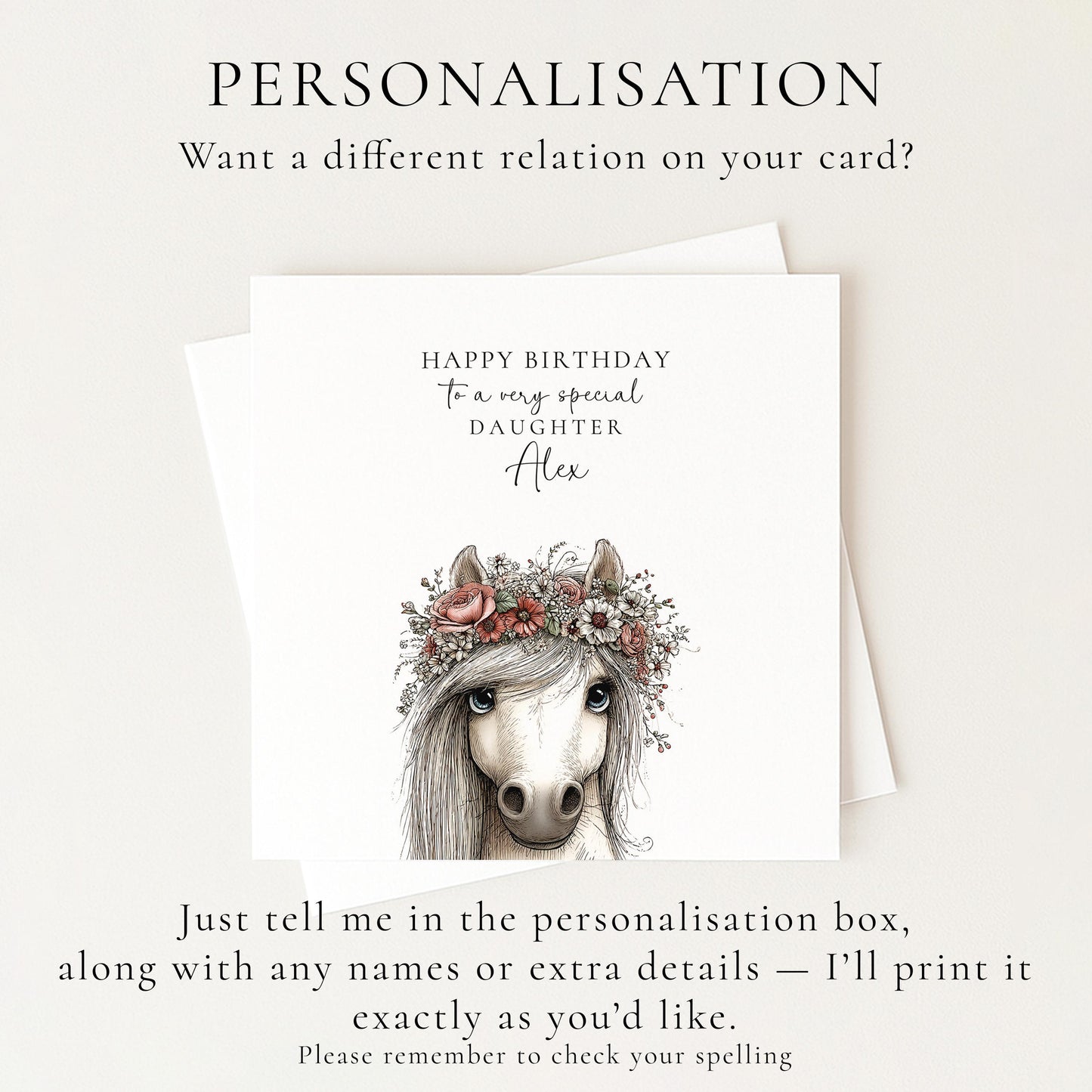 Daughter Birthday Card, Pony Birthday Card, Personalised Daughter Card, Floral Crown Horse Card, Cute Girls Birthday Card