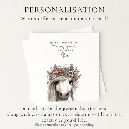 Daughter Birthday Card, Pony Birthday Card, Personalised Daughter Card, Floral Crown Horse Card, Cute Girls Birthday Card