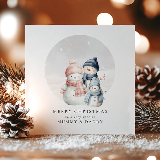 Christmas Card for Mummy and Daddy from Son, Personalised Snowman Family Card, Custom Name Parents Christmas Card