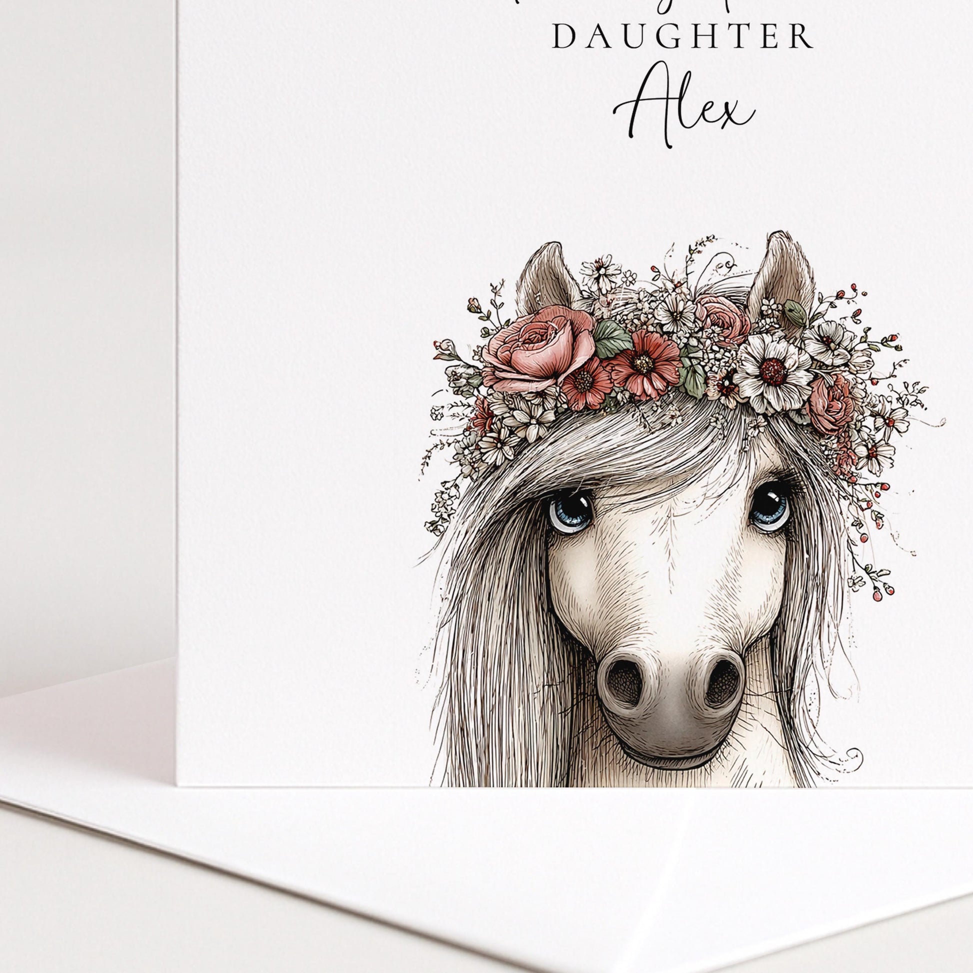 Daughter Birthday Card, Pony Birthday Card, Personalised Daughter Card, Floral Crown Horse Card, Cute Girls Birthday Card