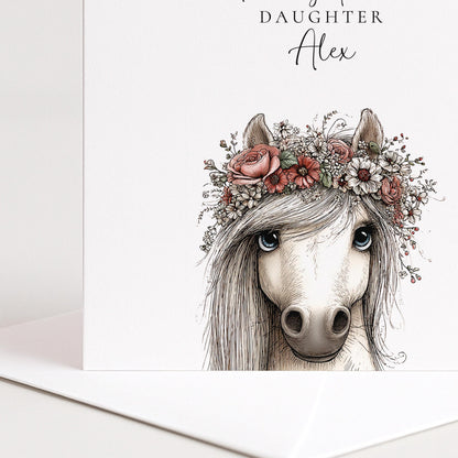 Daughter Birthday Card, Pony Birthday Card, Personalised Daughter Card, Floral Crown Horse Card, Cute Girls Birthday Card