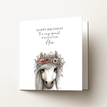 Daughter Birthday Card, Pony Birthday Card, Personalised Daughter Card, Floral Crown Horse Card, Cute Girls Birthday Card