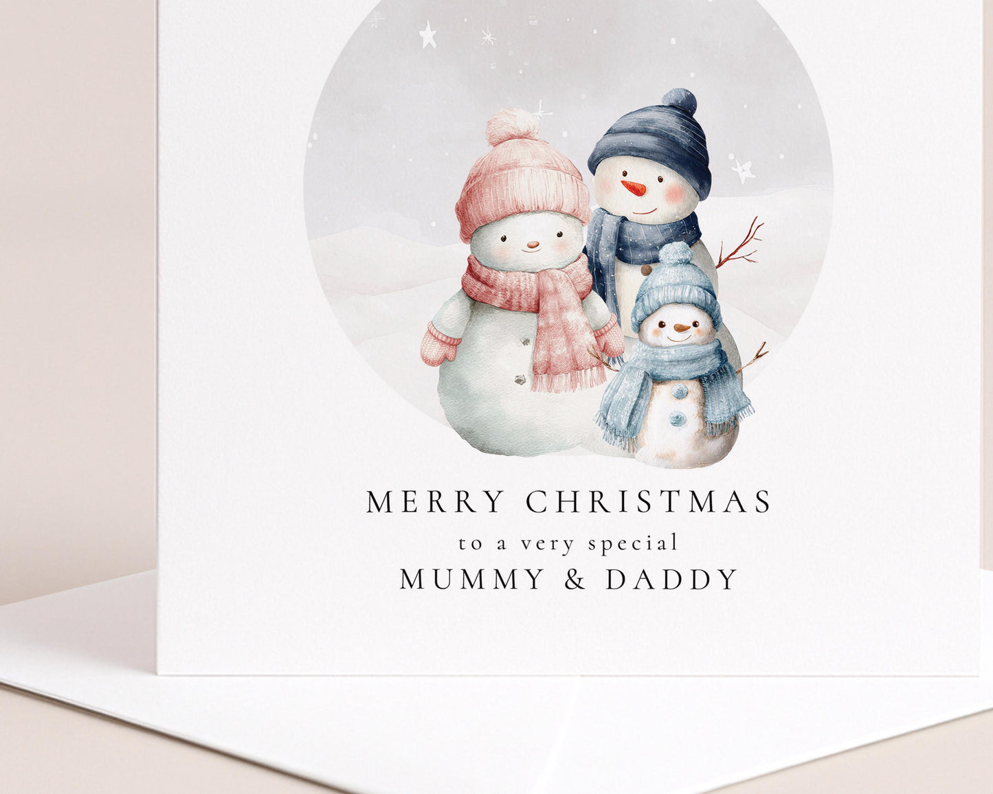 Christmas Card for Mummy and Daddy from Son, Personalised Snowman Family Card, Custom Name Parents Christmas Card