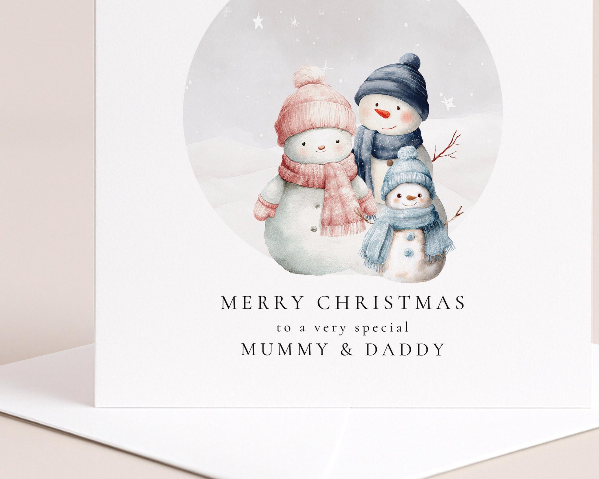 Christmas Card for Mummy and Daddy from Son, Personalised Snowman Family Card, Custom Name Parents Christmas Card