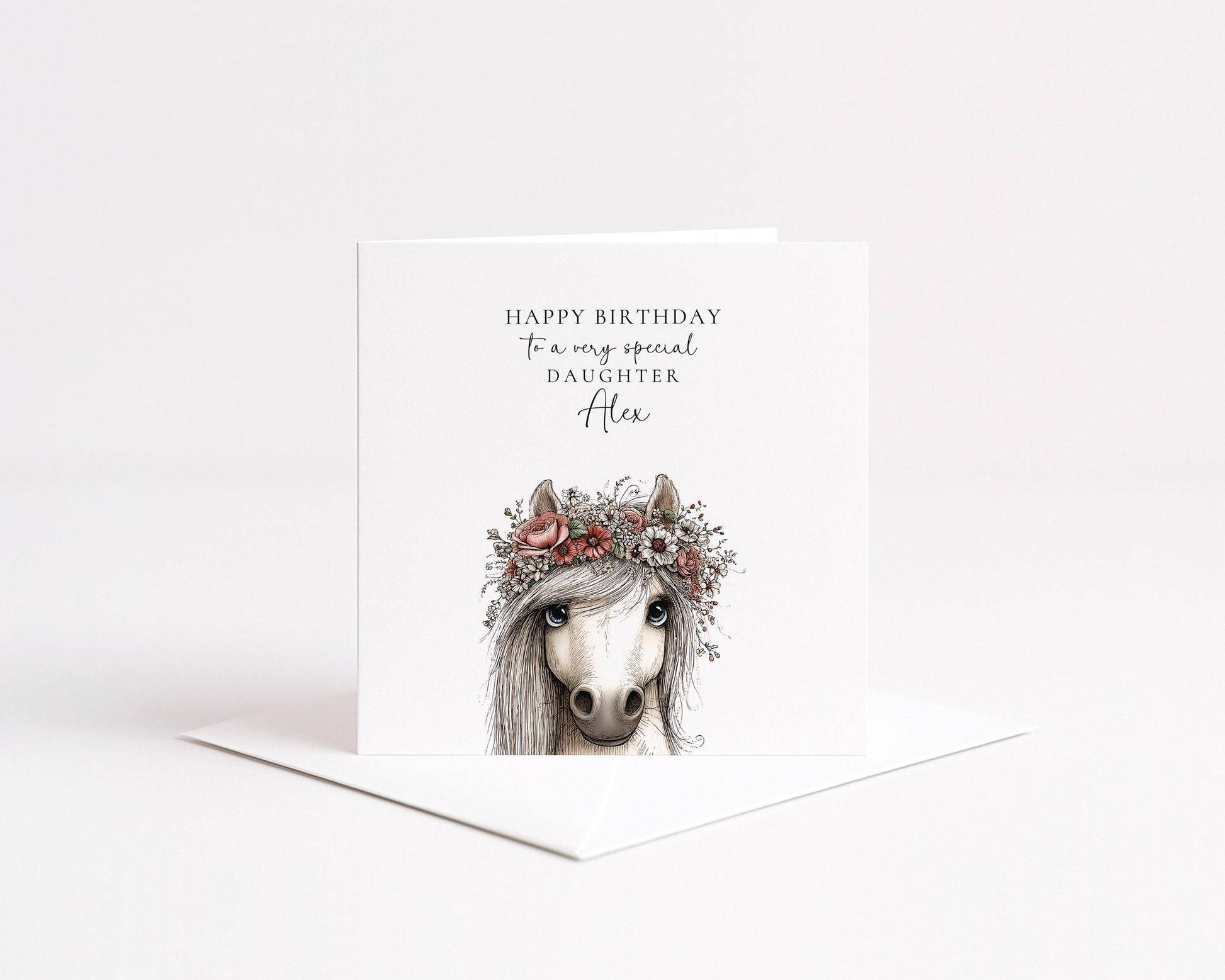 Daughter Birthday Card, Pony Birthday Card, Personalised Daughter Card, Floral Crown Horse Card, Cute Girls Birthday Card