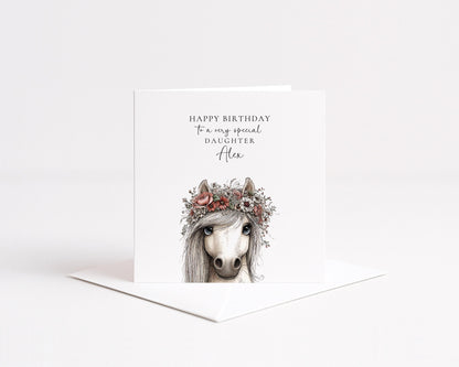 Daughter Birthday Card, Pony Birthday Card, Personalised Daughter Card, Floral Crown Horse Card, Cute Girls Birthday Card