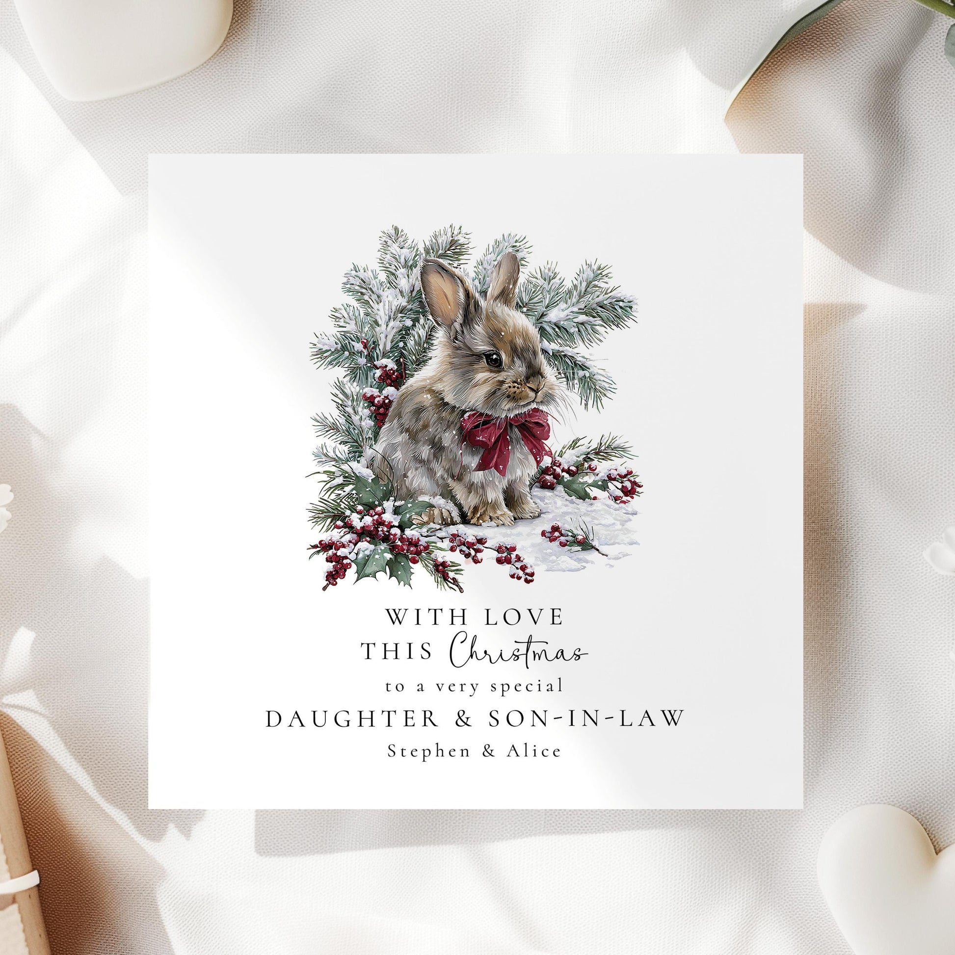 Personalised Christmas Card for Daughter and Son-in-Law, Bunny Christmas Card Winter Rabbit Card Family Xmas Card, In-Law Christmas Greeting