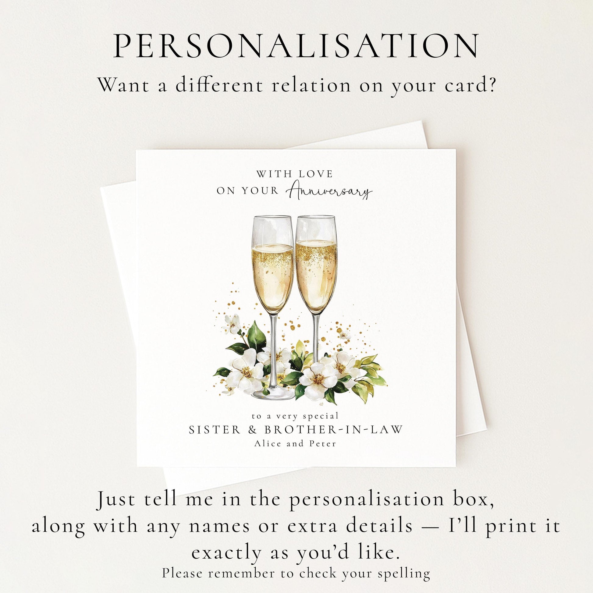 Anniversary Card for Sister and Brother in Law, Personalised Anniversary Card with Names, Champagne Glasses Card