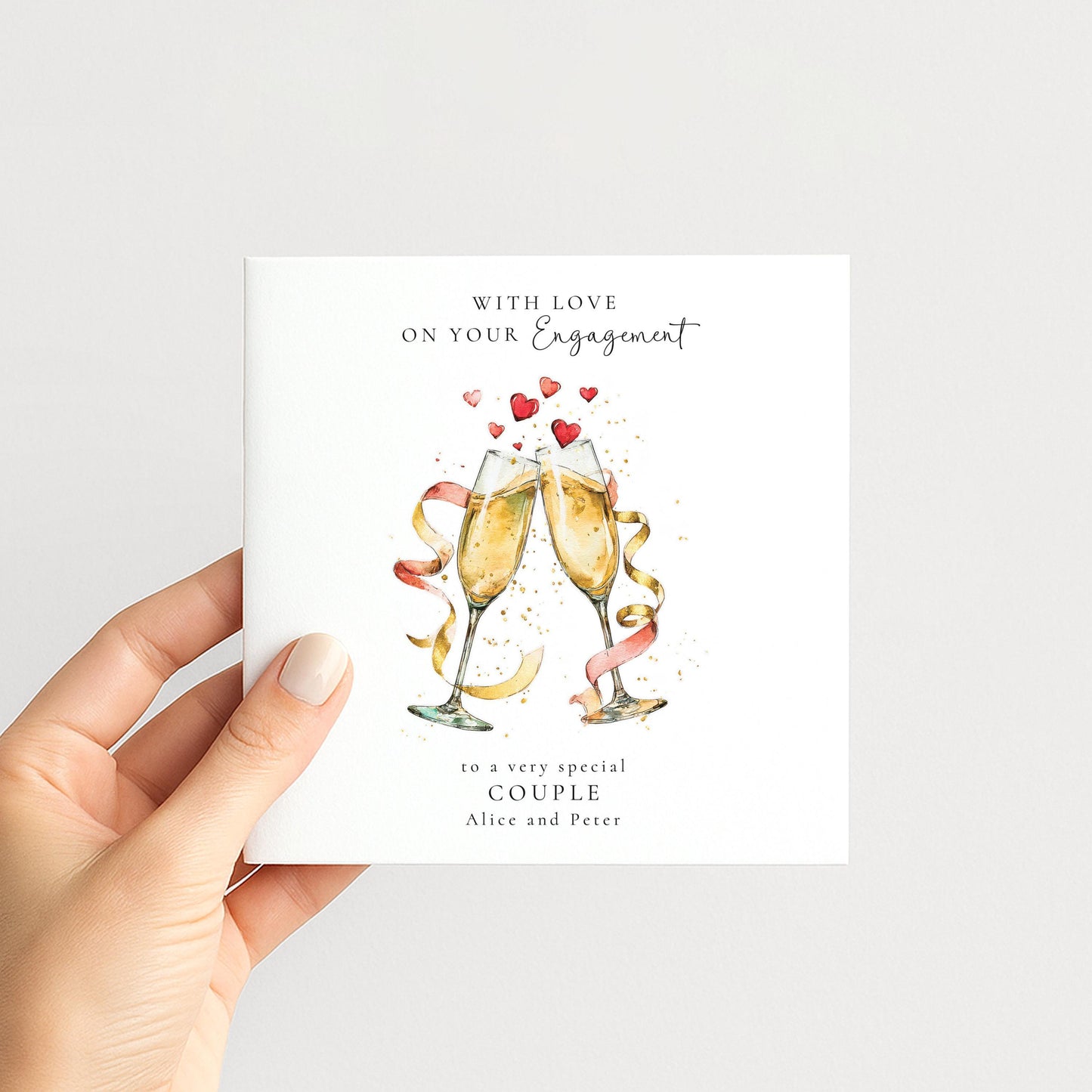 Personalised Engagement Card for Couple, Engagement Congratulations Card with Names, Champagne Glasses Engagement Card