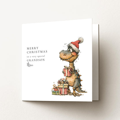 Grandson Christmas Card, Personalised Dinosaur Christmas Card, Cute T-Rex Xmas Card for Grandson, Custom Name Card, Printed Christmas Card