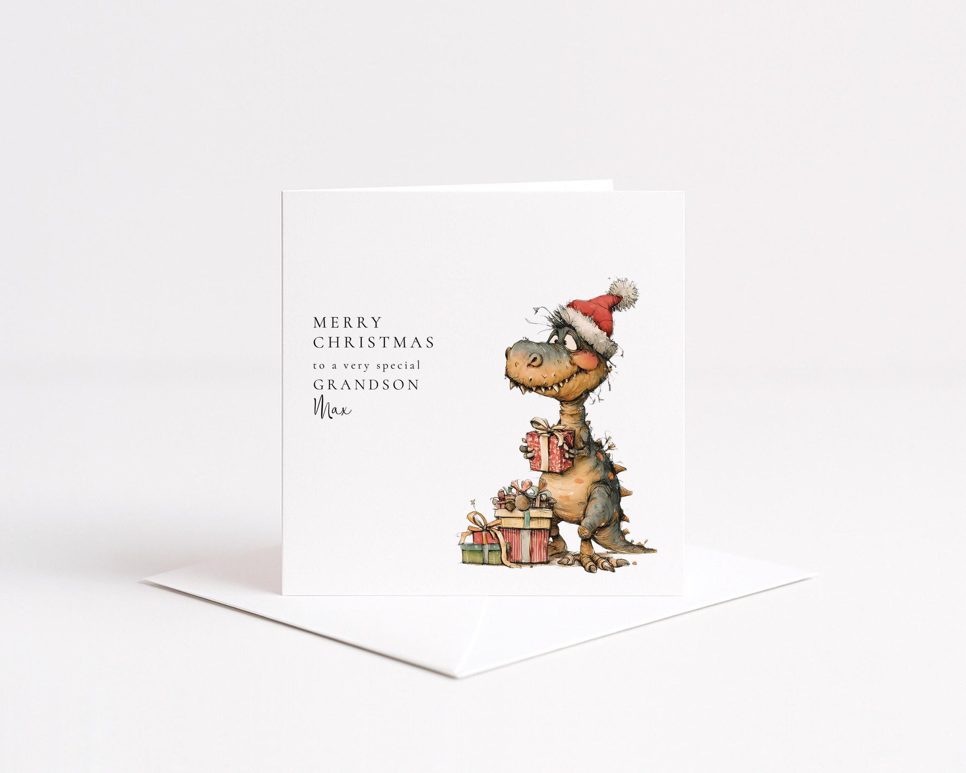 Grandson Christmas Card, Personalised Dinosaur Christmas Card, Cute T-Rex Xmas Card for Grandson, Custom Name Card, Printed Christmas Card