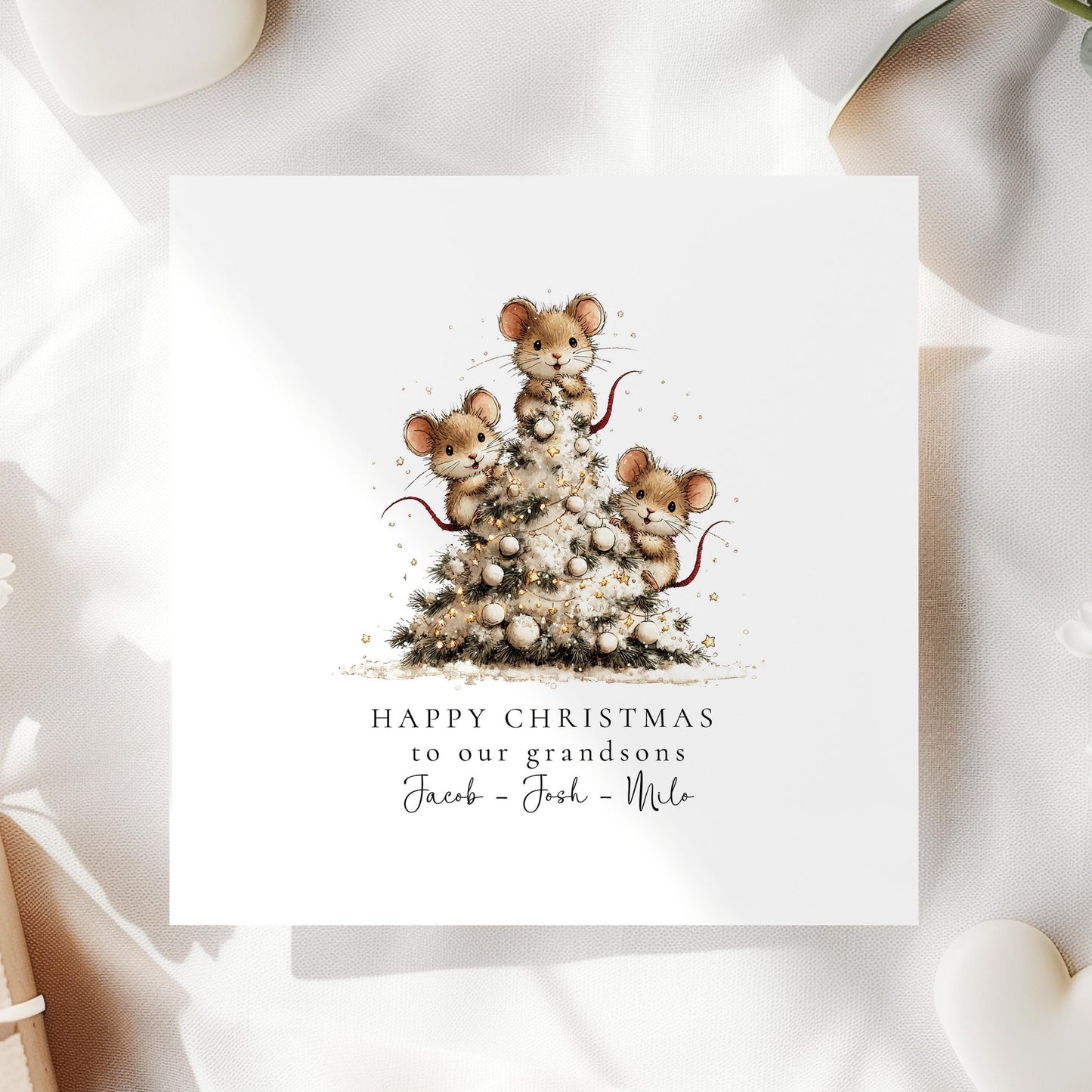 Christmas Card for Grandsons, Cute Mice Christmas Tree Design, Personalised Grandson Xmas Card, Happy Christmas Card for Grandkids