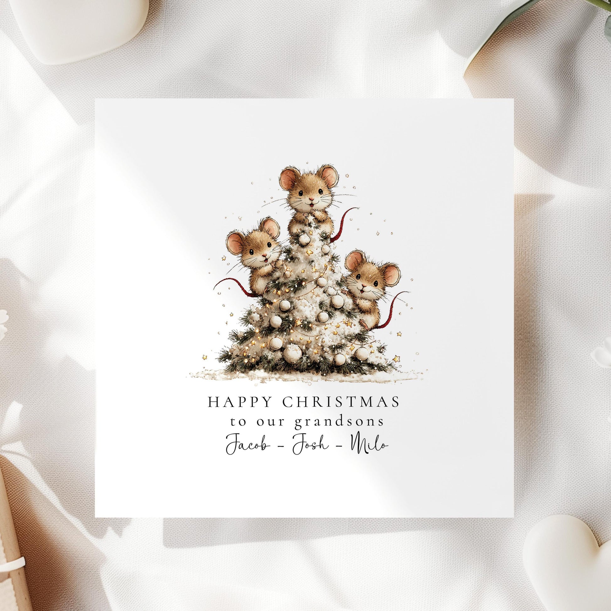 Christmas Card for Grandsons, Cute Mice Christmas Tree Design, Personalised Grandson Xmas Card, Happy Christmas Card for Grandkids